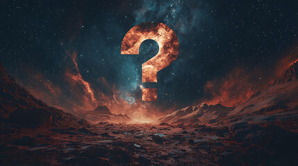 Mysterious cosmic landscape featuring a glowing question mark amidst a fiery nebula and rocky terrain