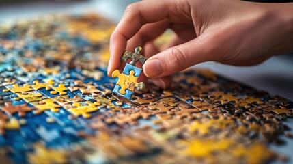 Hand Placing Jigsaw Puzzle Piece: A Close-Up