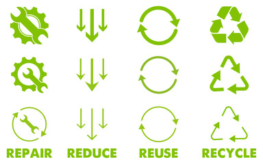 Recycle Reduce reuse repair icon set triangle circle arrow green sign symbol rotation eco friendly system nature save earth organic color garbase waste renewable