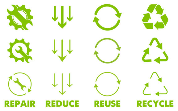 Recycle Reduce reuse repair icon set triangle circle arrow green sign symbol rotation eco friendly system nature save earth organic color garbase waste renewable