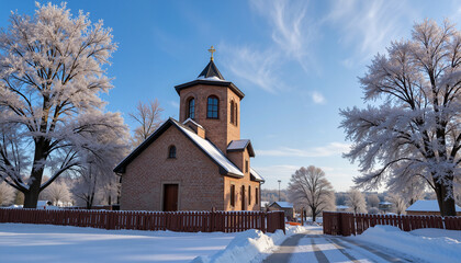 Snow-covered Russian Orthodox church in village setting, sacred morning