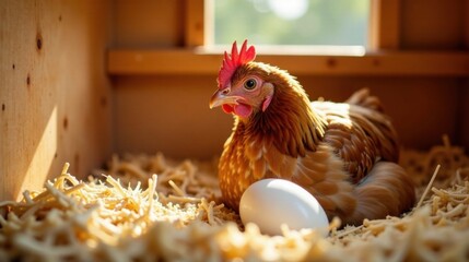 A hen nestled in wood shavings, attentively brooding a single, pristine white egg in her nest box, bathed in warm sunlight.