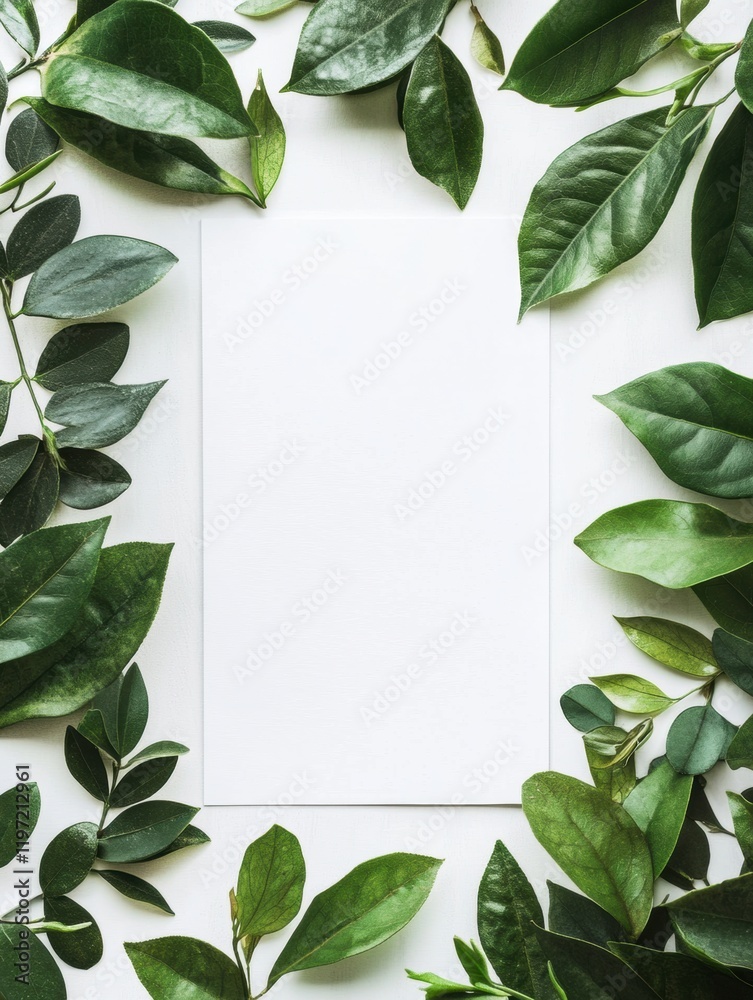 Poster blank space surrounded by fresh green leaves for mock up or text placement in a natural setting. gen