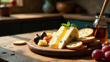 A delectable wedge of cheese, drizzled with honey, artfully arranged with assorted crackers, figs, and grapes on a rustic wooden board, bathed in sunlight