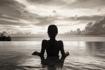 Glow of sunset reflects on water's surface as woman enjoys tranquility.