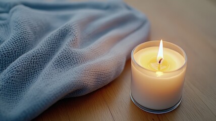 Burning candle next to cozy, soft knitted blanket on wooden surface