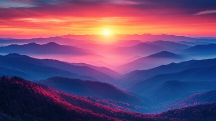 Majestic sunrise over rolling hills with vibrant colors illuminating the sky and landscape. Generative AI