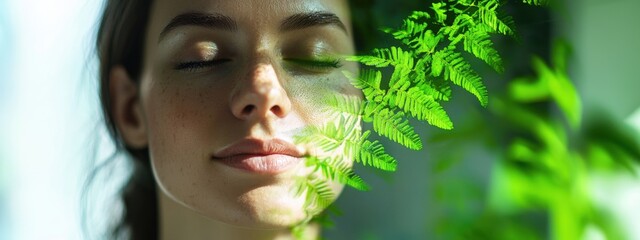 Tranquil woman with closed eyes enjoying nature and green leaves in bright indoor setting with soft sunlight