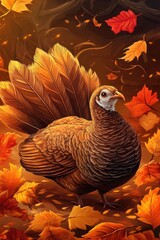 Wild turkey in autumn setting with maple leaves and golden grasses.