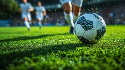 Obraz premium Soccer Ball on Green Field, Blurred Players in Background, Intense Game