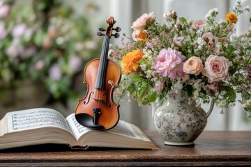 A violin resting against an open music book on a grand piano, with a vase of flowers nearby
