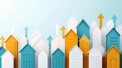 A colorful arrangement of stylized houses with upward arrows, symbolizing growth and real estate development.