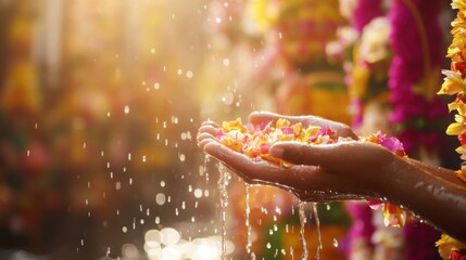 Hands Pouring Water with Flower Petals During Thai Songkran Festival, Symbolizing Renewal and Joy