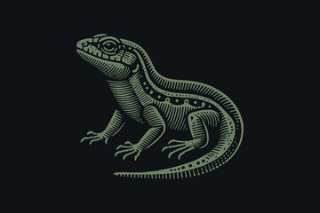 Vintage black and white lizard engraving, vector illustration