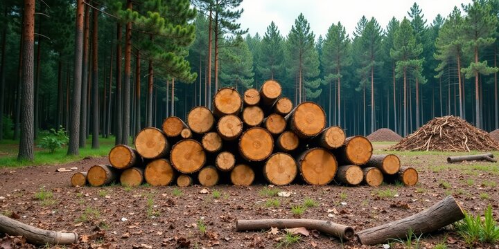 A freshly cut pile of logs rests in a clearing amongst a dense forest of tall pine trees.
