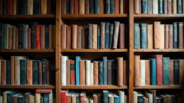 A well-organized collection of antique books displayed on wooden shelves, showcasing a variety of colors and sizes, creating an atmosphere of quiet study and intellectual pursuit