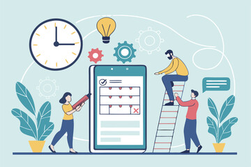 Flat design illustration, project management, digital calendar, task scheduling, time management, office workers, giant smartphone screen, minimalist style, pastel blue background, vector art, product