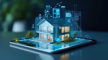 A futuristic house model displayed on a tablet, featuring glowing digital elements and a city skyline, showcasing advanced technology in architecture.