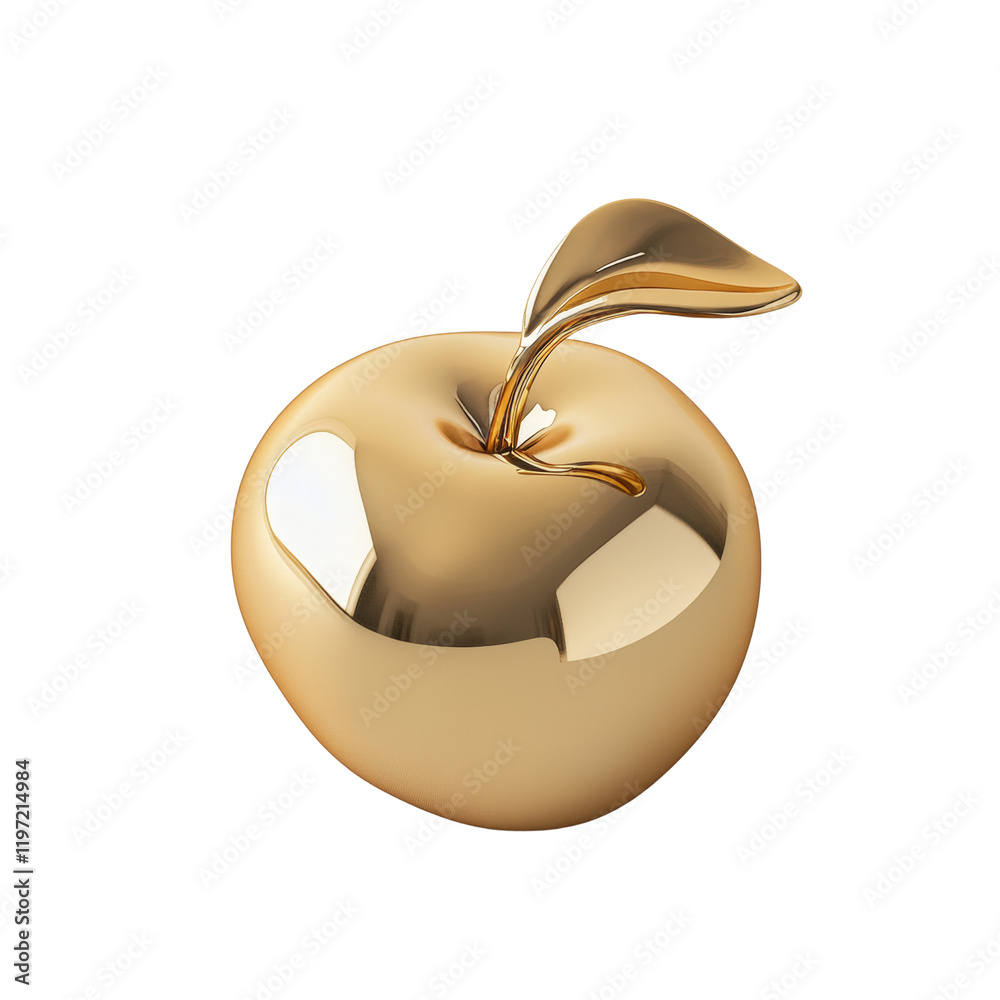Poster The image shows a digitally rendered golden apple with a highly reflective surface and a single leaf.