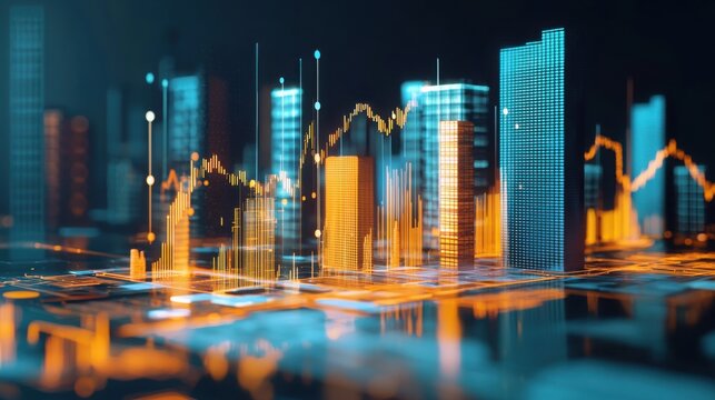 A vibrant digital skyline depicting urban architecture with dynamic data visualizations, showcasing the intersection of technology and city life.