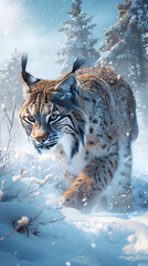 Obraz premium Winter Wonderland: A Stalk in the Snow - Capturing the Lynx in its Pristine, Snowy Habitat