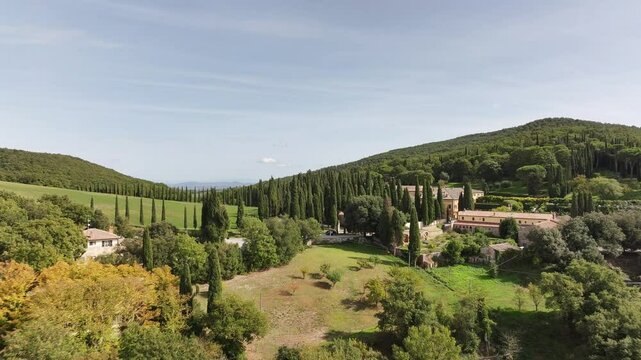 Aerial View of Countryside Near La Foce Tuscany Italy
