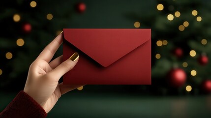 Festive Hand Holding a Bright Red Envelope in Front of a Beautifully Decorated Christmas Tree Creating a Cheerful Holiday Atmosphere of Joy