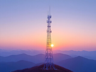 Sunset Over Mountains Communication Tower Illustration