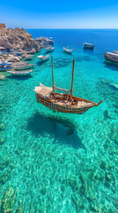 Obraz premium Wooden Sailing Boat in Turquoise Waters