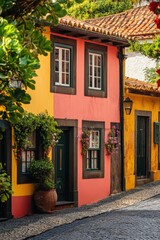 Fototapeta premium Vibrant and colorful European buildings lining a charming cobblestone path with hanging flowers, bustling with tourists looking for a quaint old-world atmosphere.
