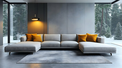 Modern Sectional Sofa in Minimalist Living Room with Winter View