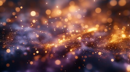 Abstract gold and purple glittering particles floating on dark background.