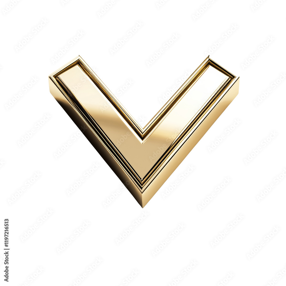 Poster a three dimensional golden v shaped element with a double framed border against a black background.