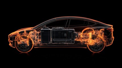 Electric vehicle revealing internal components like battery, engine, and transmission, highlighted by orange lines on a black background, showcasing the future of sustainable transportation