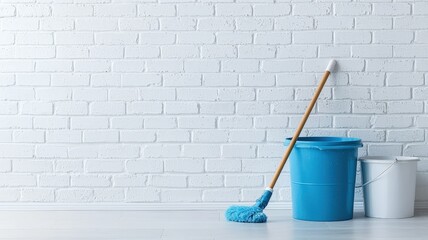 Cleaning supplies with orange mop, blue bucket, green plant leaning against white brick wall, organized minimalist setting copy space for your text