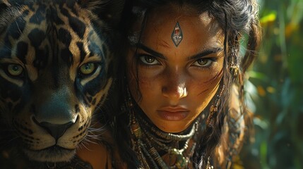 Close-up portrait of a fierce woman with a jaguar, set in a lush jungle.