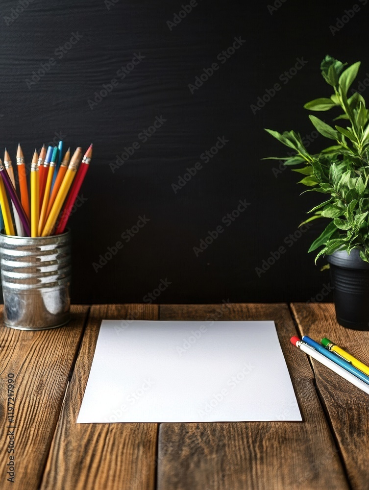 Poster blank workspace with colored pencils and a plant for creative projects and ideas. generative ai