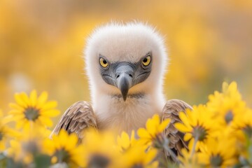 Naklejka premium A vulture surrounded by blooming wildflowers in an unusual juxtaposition of beauty and foreboding