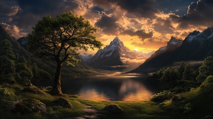 Majestic Tree Standing Tall in Lush Grassy Field Surrounded by Breathtaking Mountains Under a Clear Blue Sky Creating a Peaceful Natural Scene