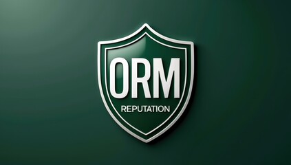 Fototapeta premium Dark green shield with ORM reputation text, security and trust concept, business and digital marketing background, corporate protection, data safety, modern professional design pattern