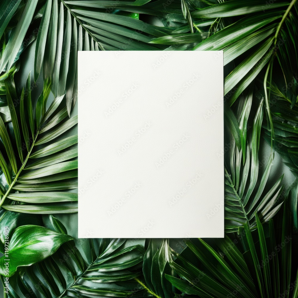 Leinwandbilder mock up of empty paper surrounded by lush green palm leaves in a natural setting for creative design