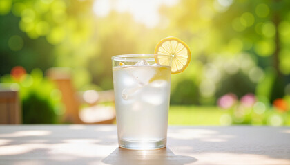 Glass of iced lemon water outdoors in sunny green garden