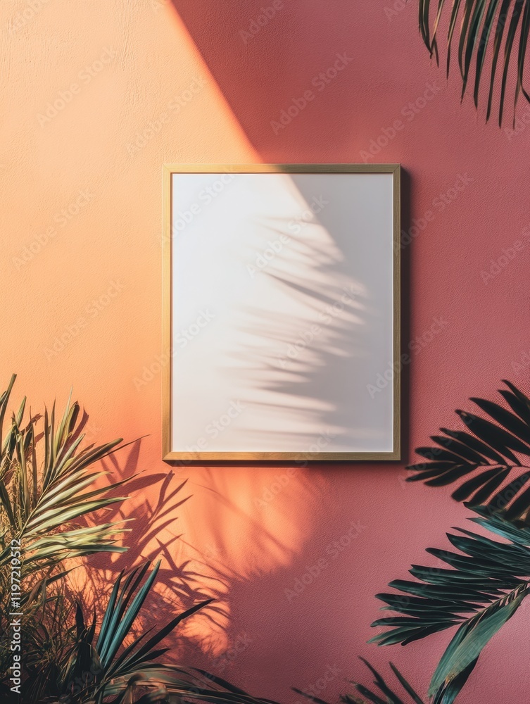 Poster creative space for text surrounded by vibrant plants and warm wall colors inviting artistic expressi