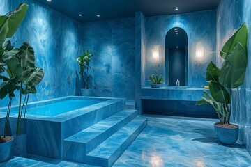Luxurious blue marble bathroom with elegant lighting and indoor plants