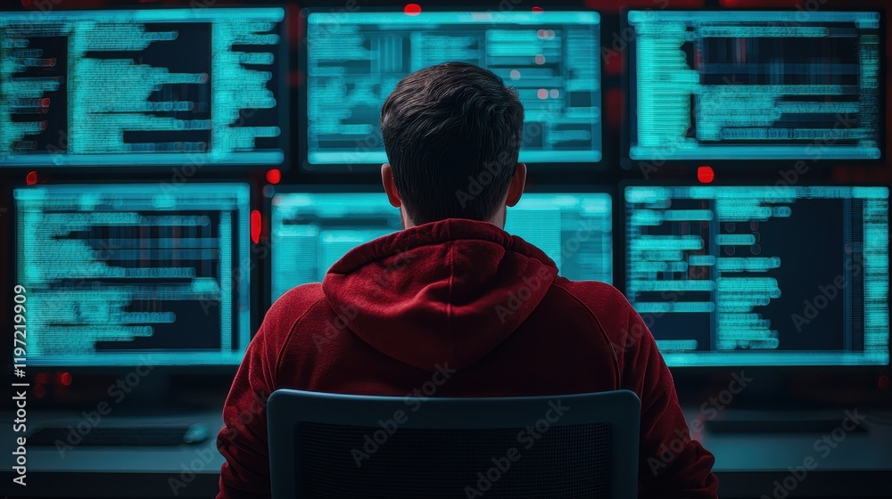 Poster a person in a red hoodie sits before multiple monitors displaying code and data, immersed in a digit