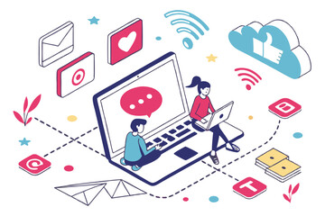 Flat design illustration, social media concept, laptop with tiny people, digital icons floating, colorful app symbols, online communication, vector graphics, minimalist characters, tech lifestyle, clo