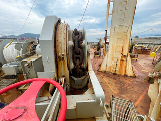 Windlass anchor handling gear on container vessel in poor corroded condition