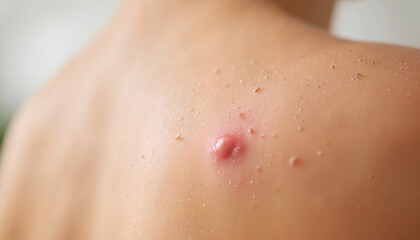 Fototapeta premium Inflamed pimple on upper back with skin texture detail