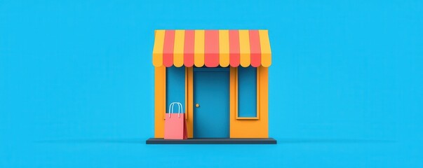 A colorful storefront with a striped awning sits against a bright blue background, showcasing a playful and inviting aesthetic.