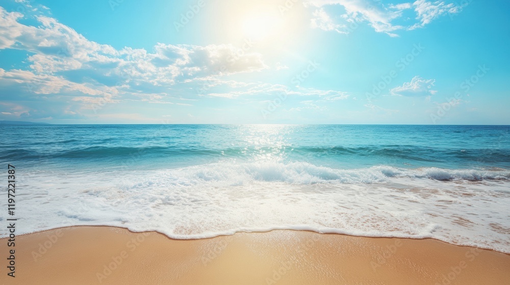 Poster clear blue ocean waves meeting soft sandy beach under bright sun with ample space for text placement
